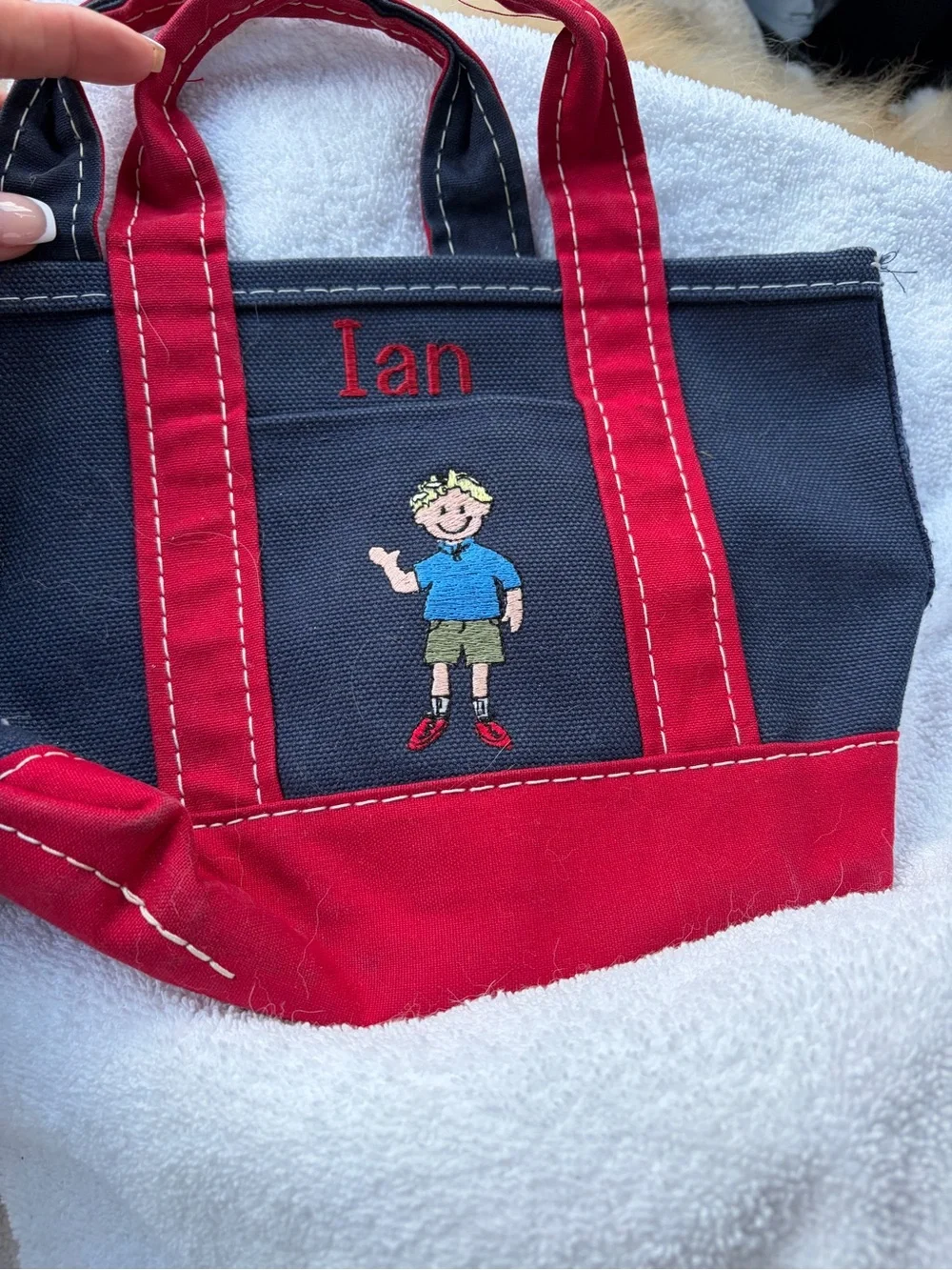 L.L. Bean Navy and Red Personalized “Ian” mini Boat & Tote with Boy Embroidery